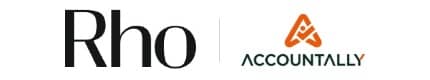 Logos of Rho and Accountally side by side, with "Rho" in black text and "Accountally" featuring an orange geometric design above the name.