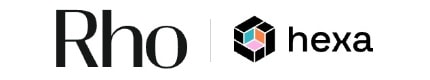 The image shows the logos of "Rho" and "hexa" with a geometric cube symbol between them.