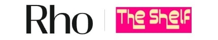 Logos of "Rho" in black text and "The Shelf" in stylized yellow text on a pink background.
