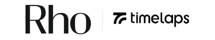 Logos of "Rho" and "timelaps" in black text on a white background, separated by a vertical line.