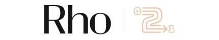 Text "Rho" in black and logo to the right with a stylized arrow between "0" and "1" in light brown.