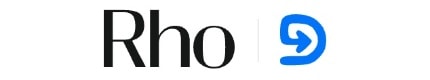 Text "Rho" in black next to a stylized blue arrow logo on a white background.