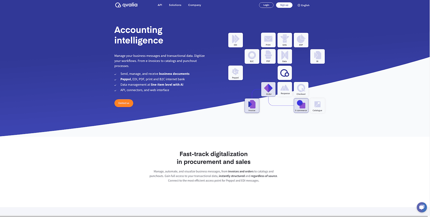 Qvalia website homepage featuring "Accounting Intelligence" with icons for document management and digitalization in procurement and sales.