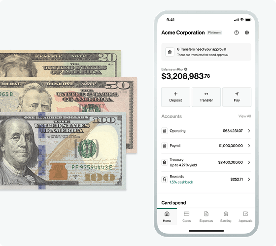 A smartphone screen displaying a banking app with account balances and three U.S. dollar bills ($20, $50, $100) beside it.