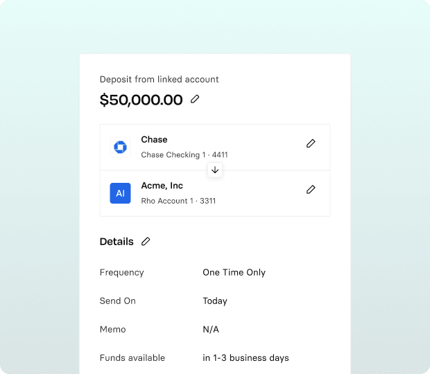 Financial transaction details showing a $50,000 deposit from a Chase account to an Acme, Inc. account, with frequency as one-time only.