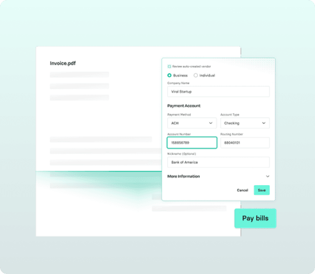 A digital interface for bill payment showing invoice details and bank account information for a business transaction.