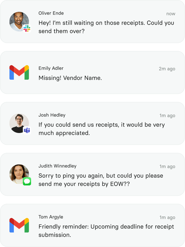 Messages from various individuals reminding or requesting receipts submission, sent via Slack, Gmail, Microsoft Teams, and iMessage.
