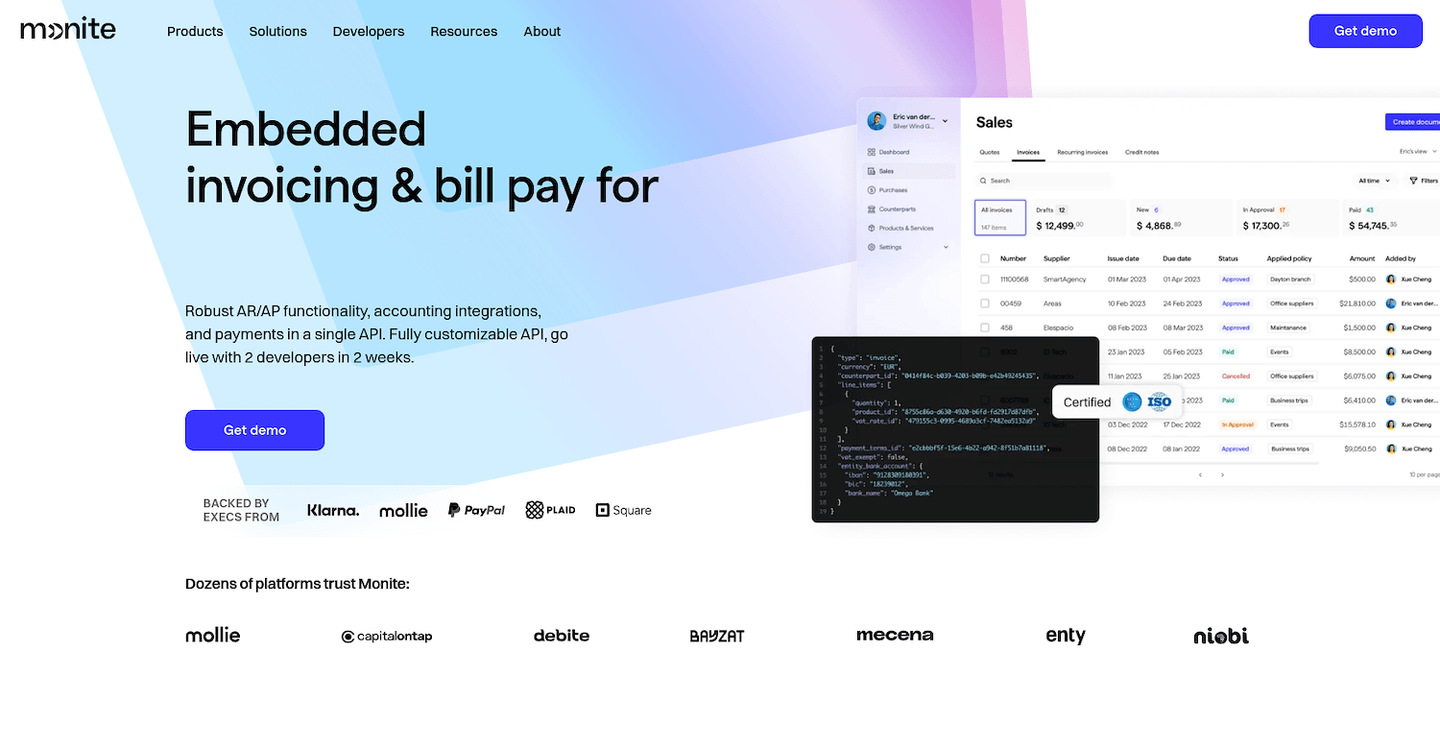 monite Website homepage showcasing embedded invoicing and bill pay services, featuring a demo button, code snippet, and partner logos at the bottom.