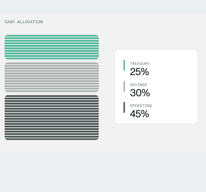 Cash allocation view: treasury 25%, savings 30%, operating 45%
