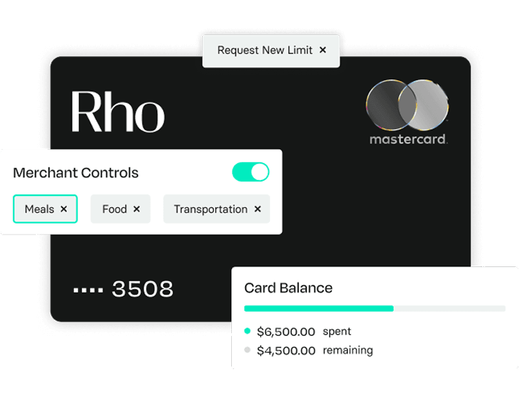 Black Rho Mastercard with controls for spending categories and card balance showing $6,500 spent and $4,500 remaining.