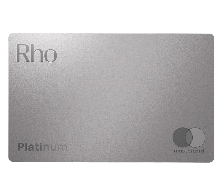 Silver Rho Platinum Mastercard with embossed logo and text on a plain background.