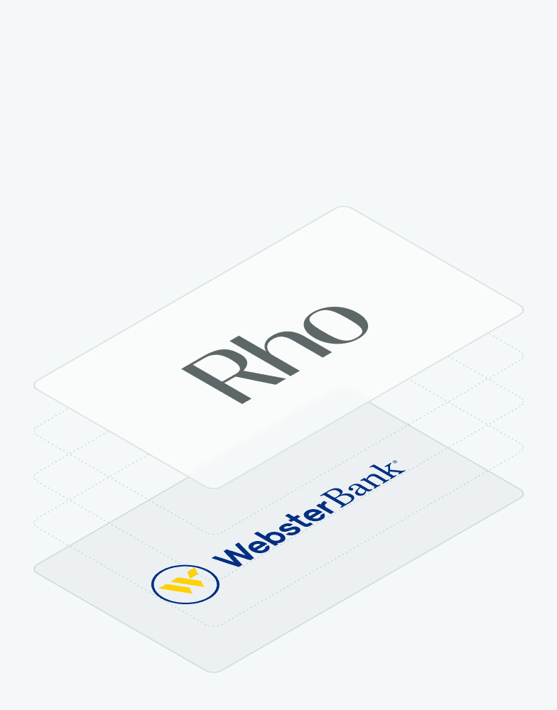 A white card with "Rho" above a blue and yellow "WebsterBank" logo on a light blue background.