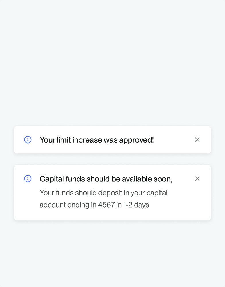Notifications: capital approved, funds landing in your account in 1-2 days