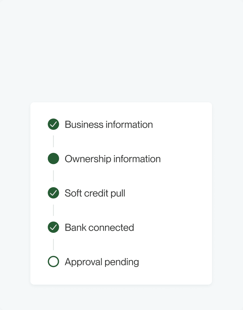 Application checklist: business information, ownership, soft credit pull, bank connected, approval pending