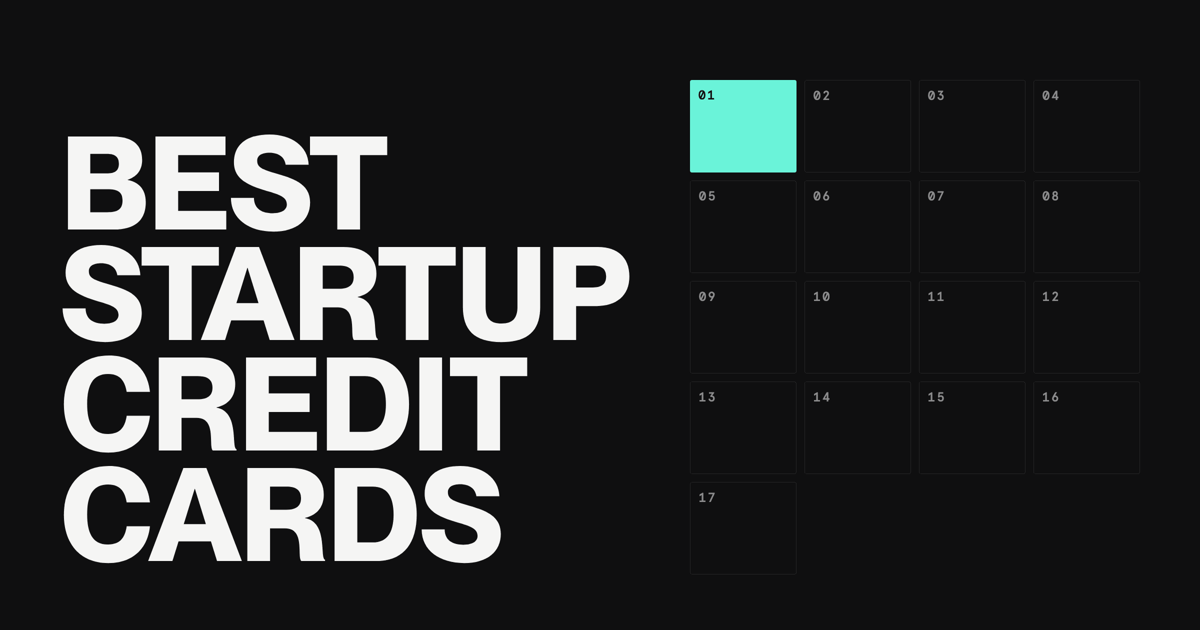 Best Startup Credit Cards keyword over a 17-cell numbered grid, Rho's cell highlighted in teal
