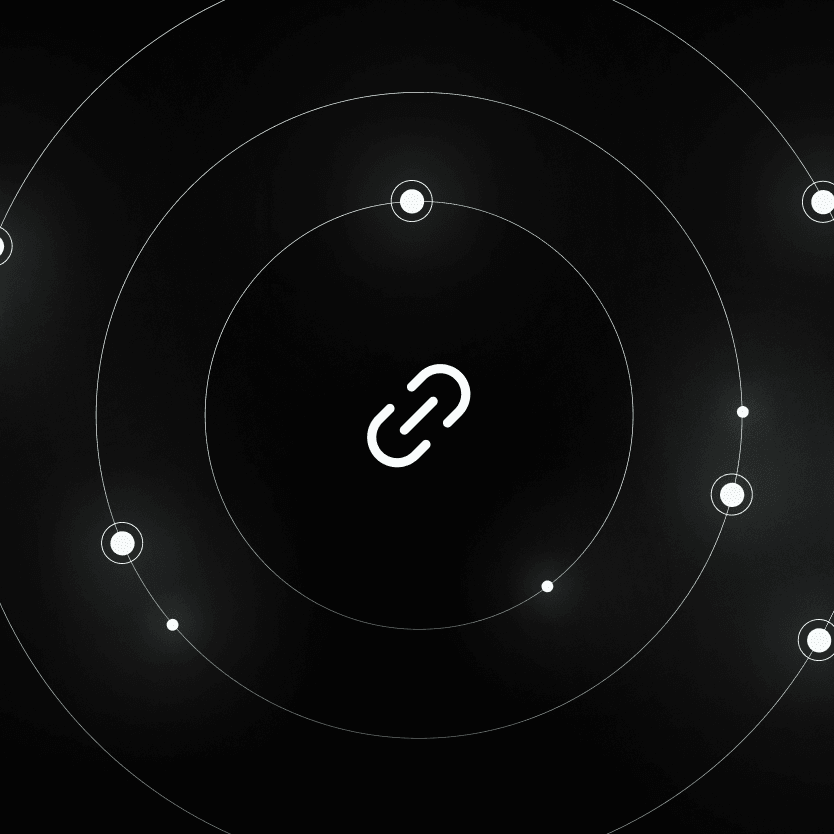 A glowing link icon centered on a black background, surrounded by concentric circles with small illuminated nodes.