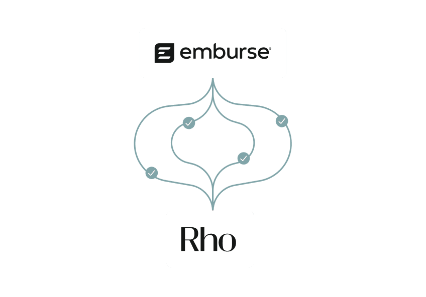 Flowchart showing a process between Emburse and Rho, with interconnected pathways and checkmarks indicating steps.