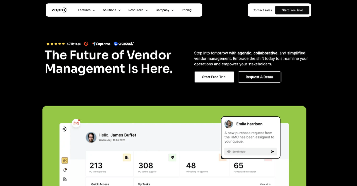 Screenshot of Zapro website showing a dashboard interface with metrics and a notification pop-up.