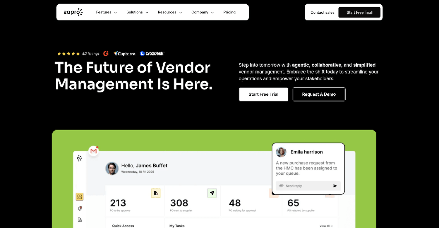 Screenshot of Zapro website showing a dashboard interface with metrics and a notification pop-up.