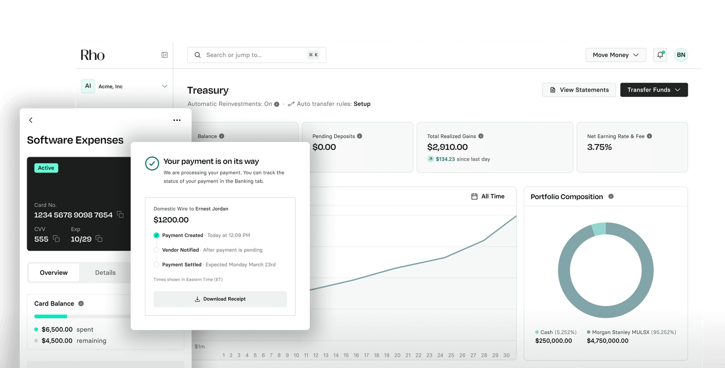 Rho financial dashboard showing software expenses, treasury balance, payment status, and portfolio composition charts